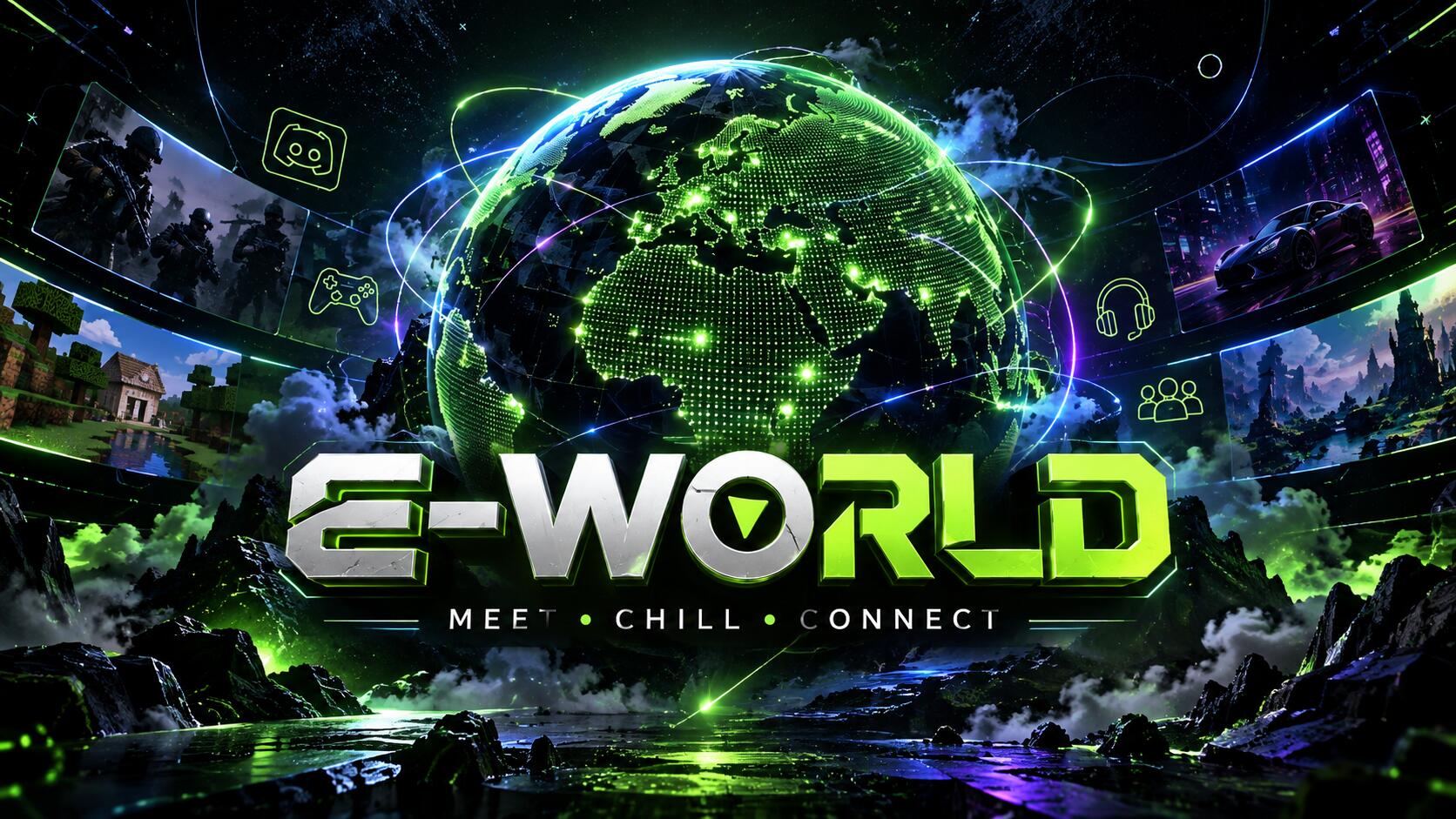 Discovery splash banner for E-WORLD | | Active VC Server • Hangout • Voice Chat • Call • Social • Chill • Anime • Memes • Emojis Discord server